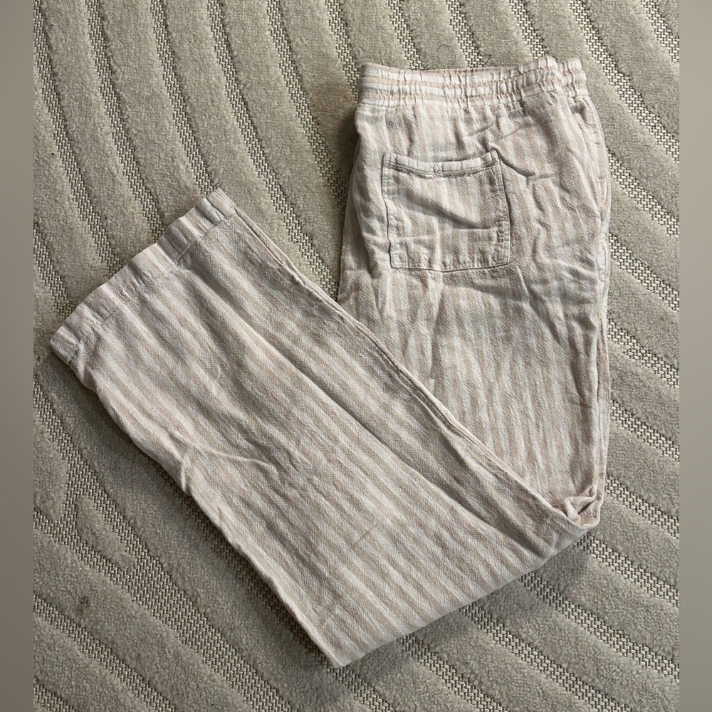 Ellen Tracy Beige Striped Linen Blend Pants with Tie and Pockets - L